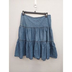 Vtg Y2K Chaps Denim Skirt Womens 12 Blue Tiered Midi Peasant Boho Zip Western